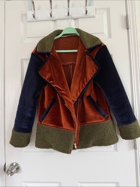 Hutch Colorblock Faux Shearling/Velvet Jacket in Rust, Olive & Navy